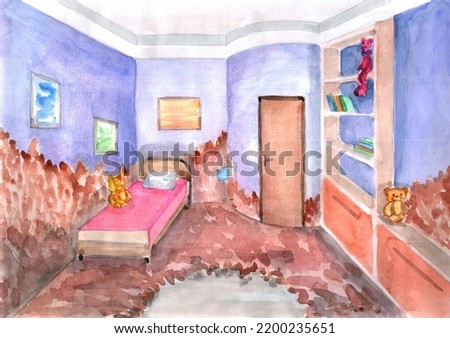 interior design of rooms, made by hand in watercolor, gouache, colored pencils, can be used as paintings