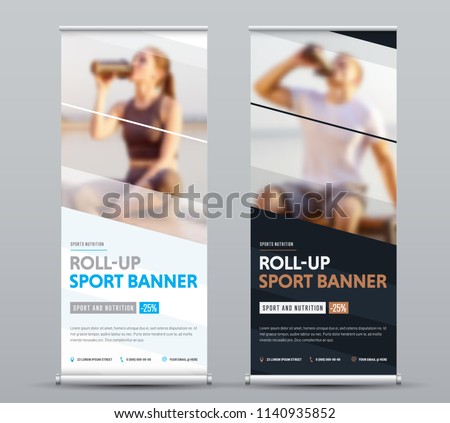Design of vertical vector roll-up banner with diagonal elements for a photo. Black and white template for business and advertising, a sample for sports nutrition.