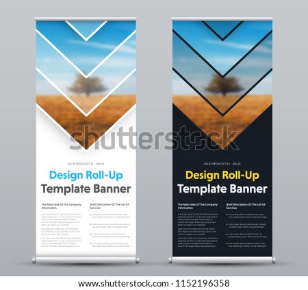 Vector design of roll-up banner with arrows and place for photo. Templates of black and white for business, advertising and printing. Set