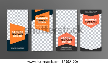 Design of vector vertical banners in black with a place for a photo and orange geometric elements for text. Web templates are standard size.