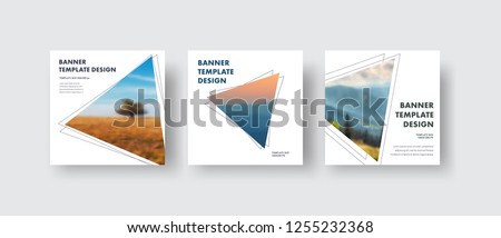 Templates square white web banners standard size with a triangle for the photo. Minimalistic design for social media publications. Set