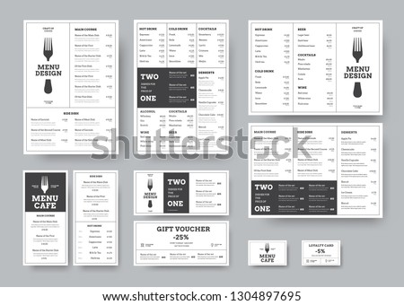 set of menus for cafes and restaurants in the classic white style with division into blocks. Templates A4, three-fold, DL, gift voucher and loyalty card. Vector illustration