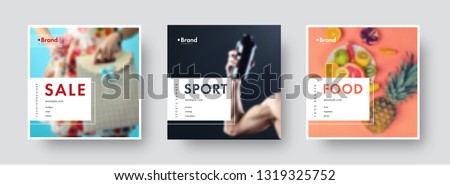 Design of square vector banners for social networks with white frame and place for photo and text. Universal templates for sports, sales, food. Set