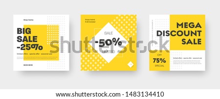 Vector square web banner templates for big and mega sale with yellow square elements. Set for discounts. Social Media Design