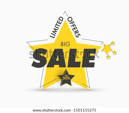 Yellow star sticker with big black text for sale. Banner template for discounts, limited and special offers, price tags.