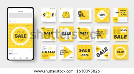Vector banner template with yellow, black and white geometric patterns, square, circle, rhombus and cross for discounts and mega sales. Post layout for advertising on social media and an online store