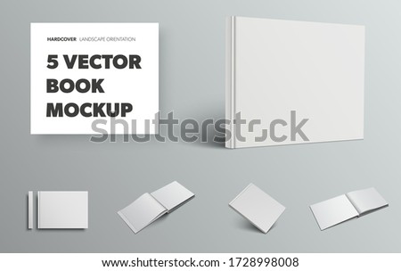 Mockup of blank vector book in white hardcover and landscape orientation, front and back view, isolated on gray background. Set of open, closed templates with realistic shadows for design presentation