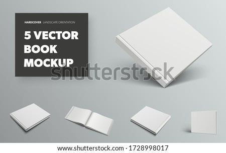 Mockup of a standard vector book, with realistic shadows, front and back views, for presentation of design and pattern. Set of templates with white blank hardcover and landscape orientation