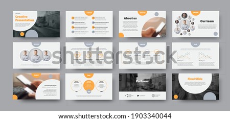 Business slide vector template with orange circles on white background, booklet for statistics, analytics and annual report. Presentation banner with infographics, chart and corporate identity.