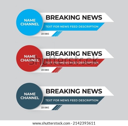 Set of modern vector lower third screen for titles and captions. Template with round and diagonal colored elements for breaking news, live streaming and events. news feed