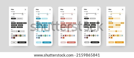 Set of vector user interfaces for mobile application, filter page, colors, prices, product card for consumer. Illustration template with add to cart button, ux design for online store