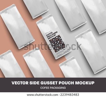Set of vector coffee packages laid out on the surface, top view. Side gusset pouch template. Realistic illustration doy pack for pattern, branding, advertisement in cafe. 