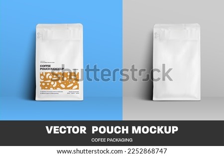 Mockup of white realistic coffee pouch, zip pack, vector packaging, isolated on background. Pack template for grains, drink. Presentation package for advertising, illustration for design.
