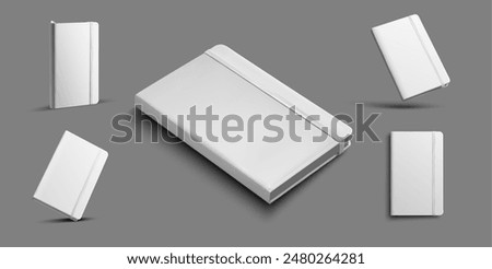 Set of vector mockups of hardcover notebook and bookmark. Design presentation template. White blank