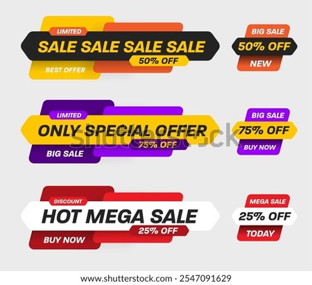 Vector illustration of banner only special offer, mega sale, 25%, 50%, 75%, geometric shapes bright price tag, EPS10. Poster template with discount, flyer for business promotion, advertising. Set