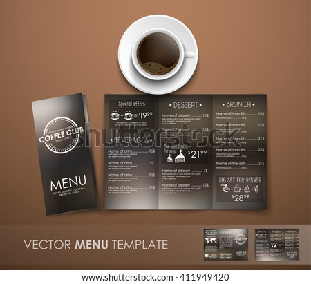 Design triple unfolding coffee menu with hand drawings and logo on blurred brown background. Mockup  with template, and a cup.  for restaurants and cafes. Vector illustration