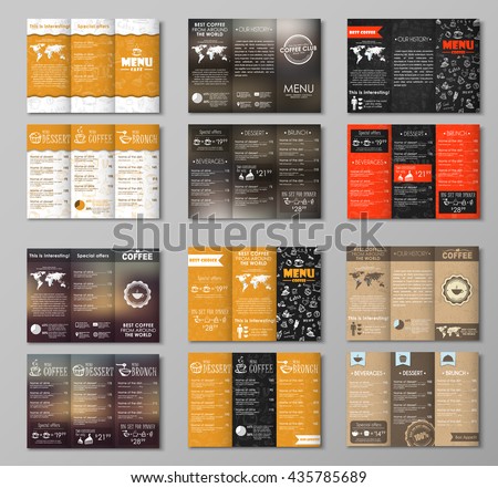 Set triple folding menu for the cafe, restaurants, bars or coffee shops; with drawings by hand, blurred background, old cardboard texture. Vector illustration