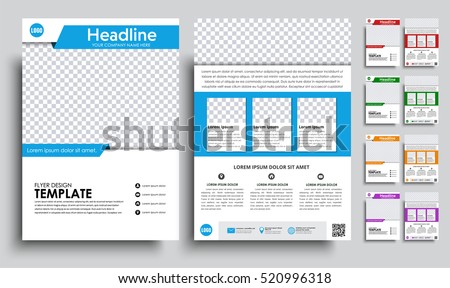 Template flyer A4 with space for a photo. brochure design in 5 color options with ribbons, icons and text. Vector illustrations. Set