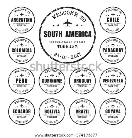 Design of old black worn stamps passport with the name of the South American countries. Templates sign for the travel and airport. Vector illustration. Set