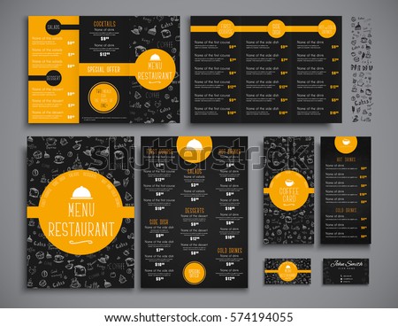 Set A4 menu, folding brochures and flyers narrow for a restaurant or cafe. Templates of black and orange colors, with drawings by hand and round elements. Vector illustration