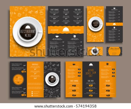 Templates business cards, A4 menu, folding brochures and flyers narrow for a restaurant or cafe. The design of black and orange colors, with drawings by hand and a cup of coffee the top view. Set.