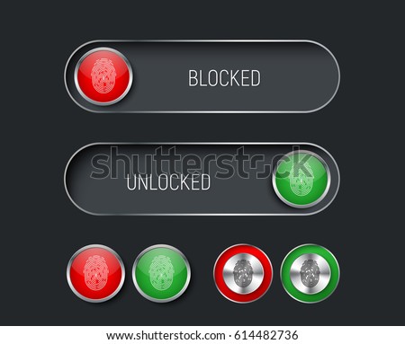 set of sliders, switches and buttons red and green. Templates for the black interface, site or application with a fingerprint for locking and unlocking. Vector illustration