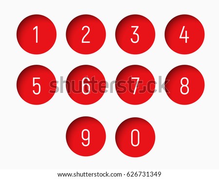 set of numbers from 0 to 9 with a round red shape with an internal shadow. Vector illustration