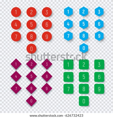 Numbers from 0 to 9 on a round, square, hexagonal and rhombic color button. Template for web design on a transparent background with a shadow from the figures. Vector illustration