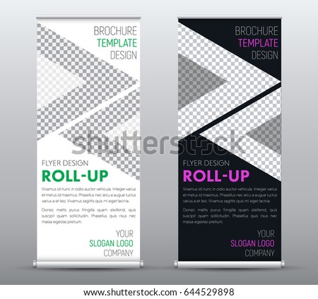 template is a universal business roll up banner with triangles. The design of a black and white brochure with a green and purple heading. Vector illustration