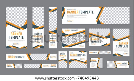 set of web banners of standard size with a place for photos. Vertical, horizontal and square template with black and yellow ribbon (lines), and buttons. Vector illustration