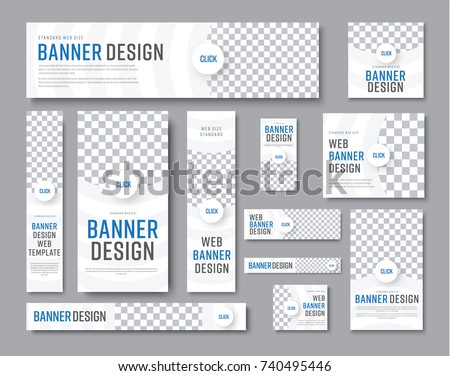 Design of vector white banners of standard sizes with a place for a photo. Vertical and horizontal web templates with semicircular elements and a round button.