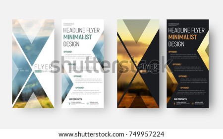 Design of a vector flyer in a minimalist style with a place for a photo. Template  of narrow (vertical) brochures of black and white with triangular elements.