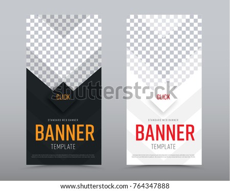 Design of black and white vector vertical web banners with arrows and place for photo. Web templates with a diamond-shaped button.