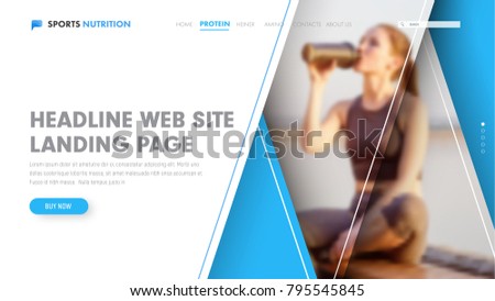 Template of a white vector header with blue triangles at different levels of height and photo. Universal web design for the site.