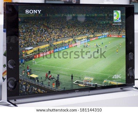 BARCELONA, SPAIN - FEBRUARY 24-27 2014: Mobile World Congress 2014. Sony 4K new TV\'s at Sony Stand on the Mobile World Congress 2014.