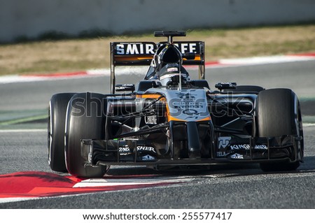 BARCELONA - FEBRUARY 20: Sergio Perez of Force India at second day of Formula One Test Days at Catalunya Circuit on February 20, 2015 in Barcelona, Spain.