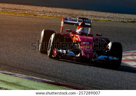 BARCELONA - FEBRUARY 27: Sebastian Vettel of Ferrari at second day of Formula One Test Days at Catalunya Circuit on February 27, 2015 in Barcelona, Spain.