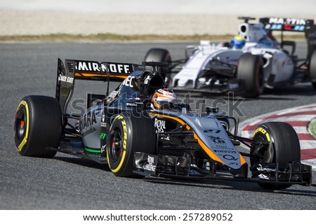 BARCELONA - FEBRUARY 28: Nico Hulkenberg of Force India at third day of Formula One Test Days at Catalunya Circuit on February 28, 2015 in Barcelona, Spain.