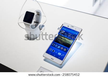 BARCELONA, SPAIN - MARCH 2, 2015: Mobile World Congress 2015. Smart Watch 3 and Xperia Z3 at Sony Stand of the Mobile World Congress 2015.