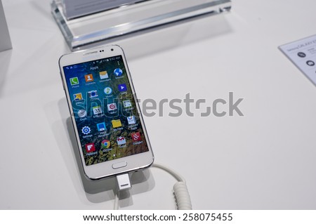 BARCELONA, SPAIN - MARCH 2, 2015: Mobile World Congress 2015. Samsung Galaxy E5 at Samsung Stand of the Mobile World Congress 2015.