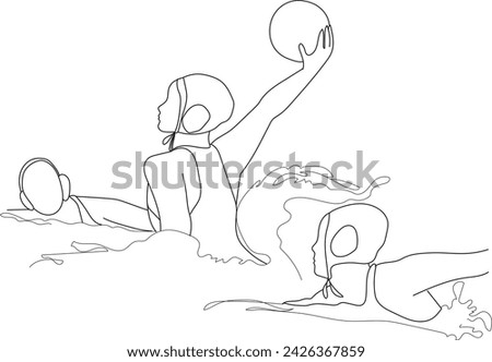 Female playing water polo game outline vector illustration. Water polo player getting ready to strike at game vector continuous line.
