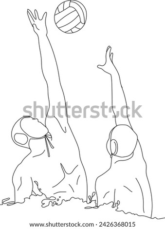Male playing water polo game outline vector illustration. Water polo player getting ready to strike at game vector continuous line.