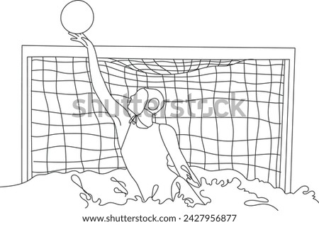 Female playing water polo game at the gate outline vector illustration. Water polo woman player getting ready to strike at game vector continuous line.