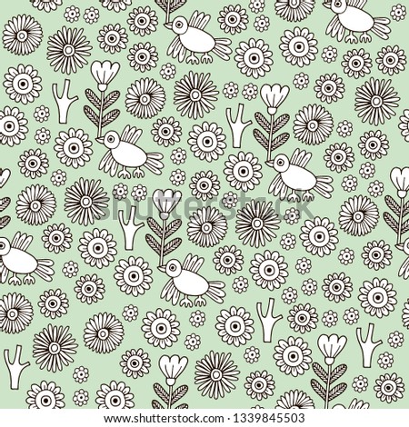 pattern with flowers and birds with a pale gentle green background
