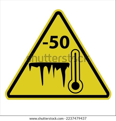 Low temperature warning sign. Vector illustration of a yellow triangle sign with icicles and a thermometer icon inside. Very cold and frosty. 商業照片 © 