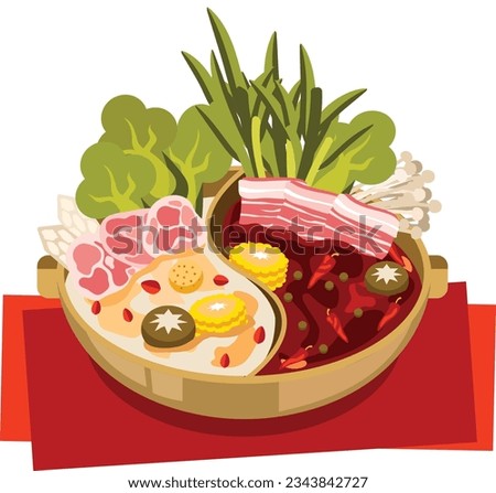 Chinese Spicy Mala Hotpot, two flavor soup. close up view on white Backkground vector illustration