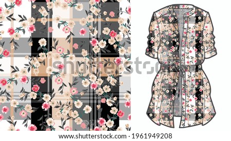 Elegant floral pattern in small colorful flowers. Liberty style. Floral seamless background for fashion prints. Ditsy print. Seamless vector texture. Spring bouquet.Checkered diagonal plaid pattern. 
