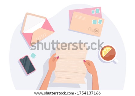 A letter in hands of woman, holds and reading a letter. Envelopes, postage stamps, smartphone and lemon tea on table. Correspondence and postal delivery concept. Top view. Vector illustration.