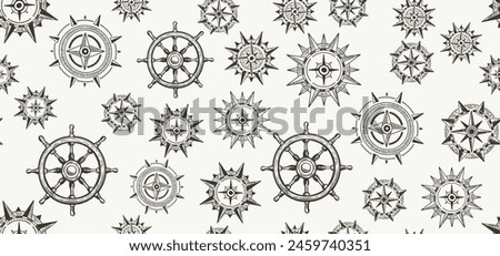 Compass Wind rose, Ship wheel, pattern, hand drawn Illustration.	