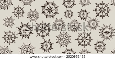 Ship wheel, Compass Wind rose, pattern, hand drawn Illustration.	